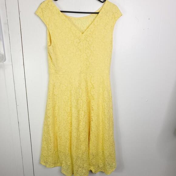 Connected Apparel Dress Womens 12 Lemon Yellow Lace Midi V Back Lined - Picture 2 of 8